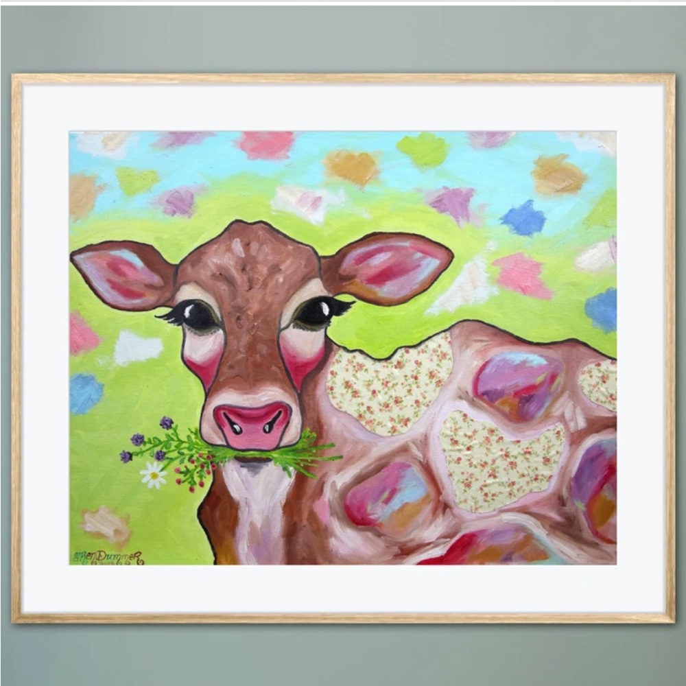 Calico Cow Art Print Oil Painting whimsical colorful farmhouse farm animal decor